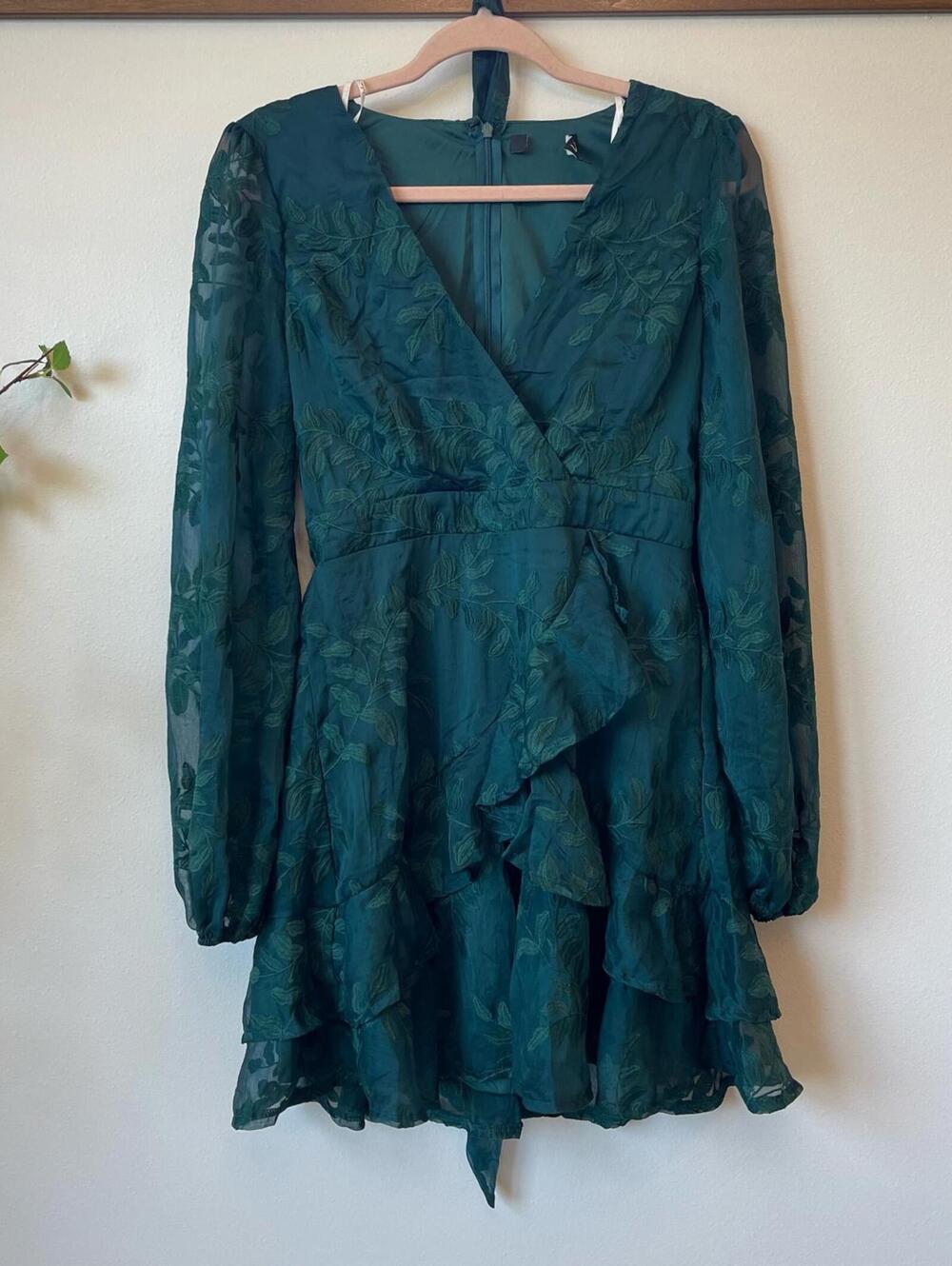 Lulus Green Floral Embellished Long Sleeve Mini Dress